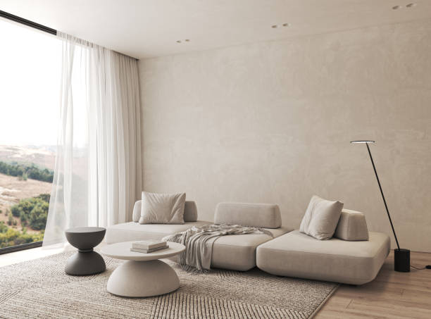 Modern style conceptual apartment interior livingroom. Large window with curtain and panoramic view. 3d rendering. High quality 3d illustration