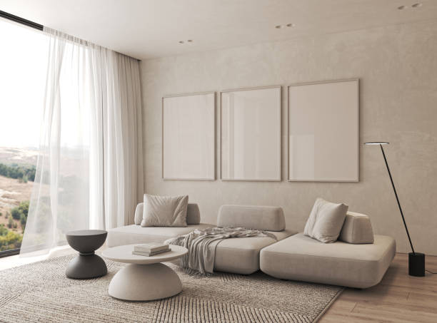 Modern style conceptual apartment interior livingroom. Large window with curtain and panoramic view. 3d rendering. High quality 3d illustration