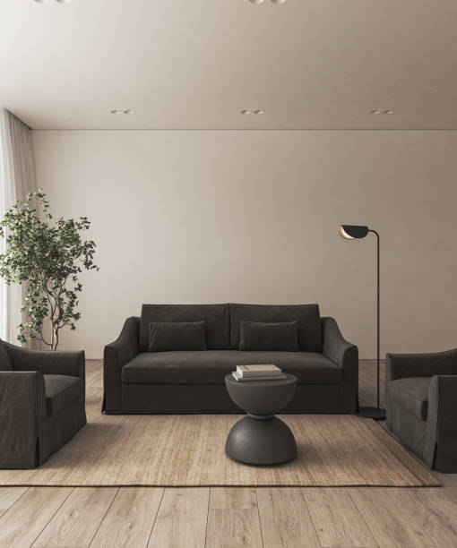 istock Modern retro style apartment interior livingroom. Large window with curtain and panoramic view. Mockup empty picture frame on wall. 3d rendering. High quality 3d illustration 1571585432