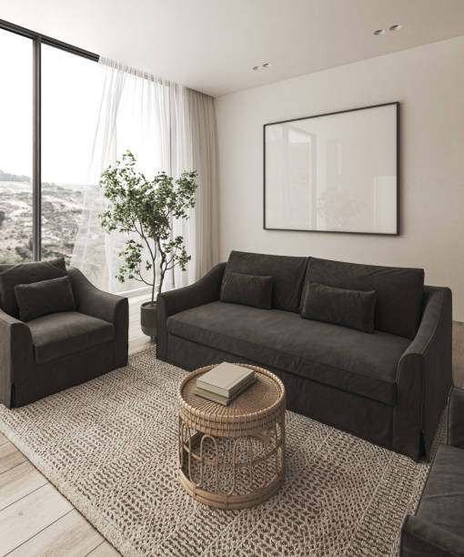 istock Modern retro style apartment interior livingroom. Large window with curtain and panoramic view. Mockup empty picture frame on wall. 3d rendering. High quality 3d illustration 1571585980