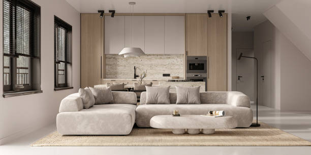 istock Beige living room interior with concrete floor, ceiling lamp and kitchen island. Panoramic window on tropics, front view. 3d rendering. High quality 3d illustration 1571587154