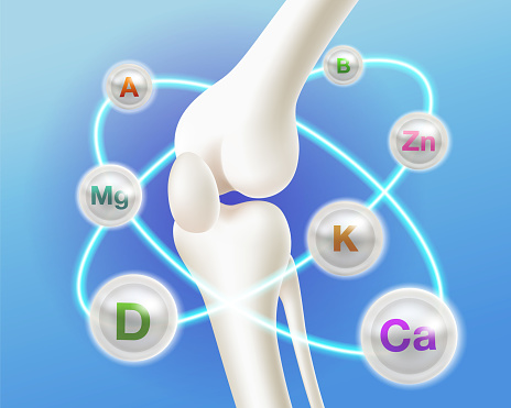 Multivitamin concept that nourishes bones knee joints and legs A large number of useful vitamins revolve around the bones. Protect your body and stay healthy. 3d realistic vector file.