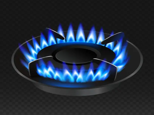 Vector illustration of Gas stove with a blue flame is on at full power