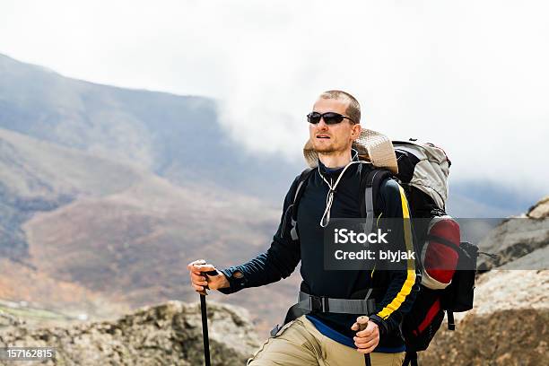 Man Hiking In Mountains Himalayas Nepal Stock Photo - Download Image Now - Asia, Hiking, Men