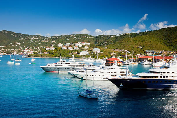 Beautiful landscape view of boats in St. Thomas Marina and harbor in the tropical island of St. Thomas, USVI st. thomas virgin islands photos stock pictures, royalty-free photos & images