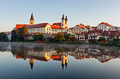 Morning reflection of old town Telc, Southern Moravia, Czech Republic