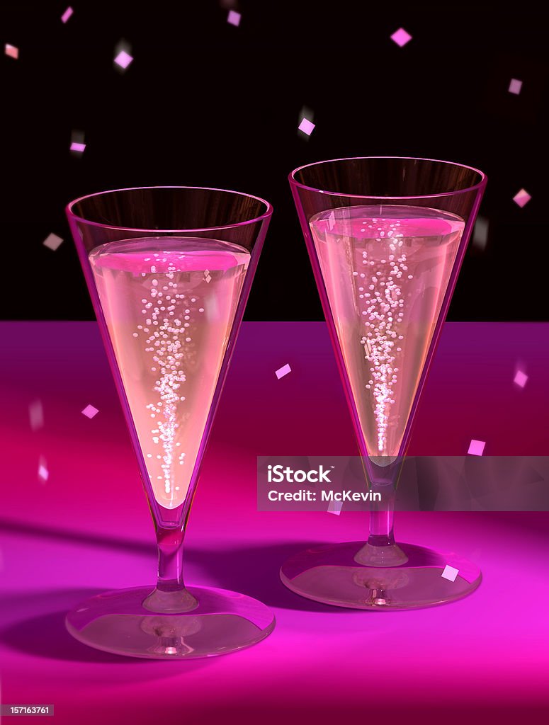 3D rendered champagne celebration A 3D rendering of two glasses of champagne with falling confetti. The mood is festive and the pink and purple hues give the image a romantic feel. Bubbles are rising up through the champagne whic appears to be lit from within. The is a touch of motion blur on the falling confetti which suggests that the event is happening right at that moment. Image useful for New Year's Eve celebration, special events or surprise parties. New Year's Eve Stock Photo