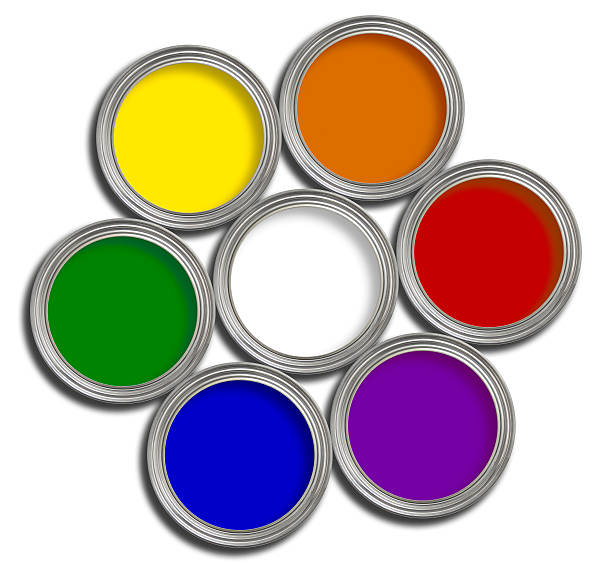 Colour wheel of multi colored paint tins on white stock photo