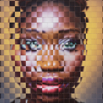 Broken image, diffracted through pixelated glass, of a CGI woman, that becomes an avatar. *** No model was used. Basic CGI mannequins were blurred by blocky glass material ***