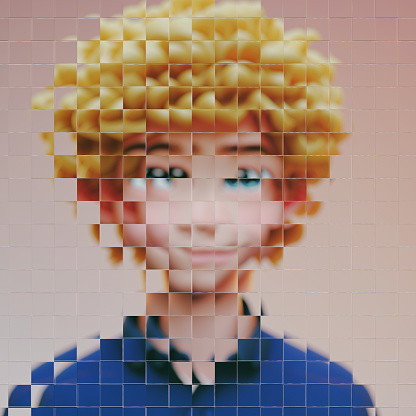 Broken image, diffracted through pixelated glass, of a CGI young man, blond and curly, that becomes an avatar. *** No model was used. Basic CGI mannequins were blurred by blocky glass material ***