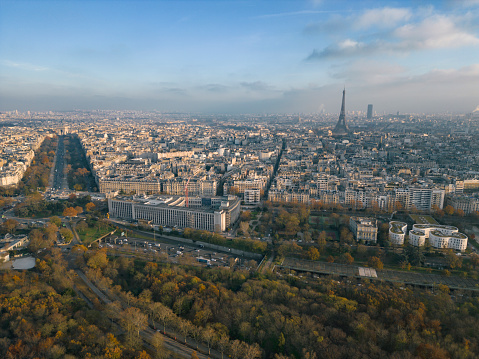 Paris, France. June 27. 2021. Overview of the city's roofs with the Eiffel Tower in the middle seen from above.