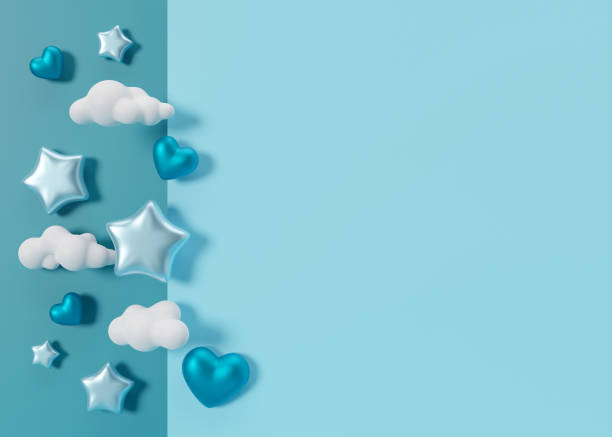 istock Blue background with hearts, clouds, stars and copy space. It's a boy backdrop with empty space for text. Baby shower or birthday invitation, party. Baby boy birth announcement. 3D render. 1571651547