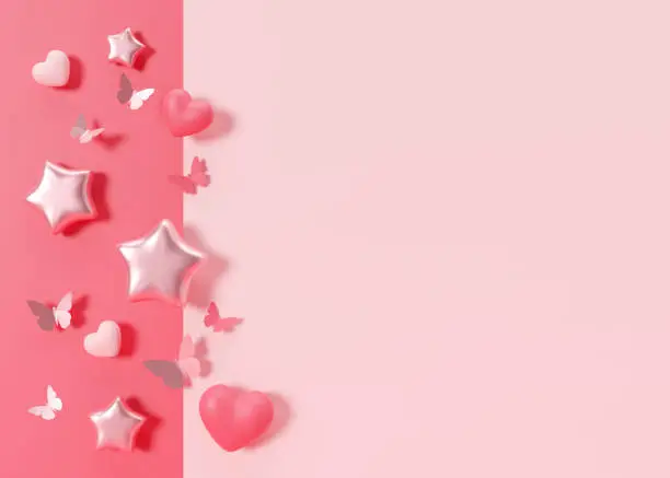 Pink background with hearts, butterflies, stars and copy space. It's a girl backdrop with empty space for text. Baby shower or birthday invitation, party. Baby girl birth announcement. 3D render