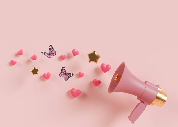 Pink megaphone with hearts, butterflies, stars and copy space above. It's a girl backdrop with empty space for text. Baby shower or birthday invitation, party. Baby girl birth announcement. 3D render megáfono rosa con corazones, mariposas, estrellas y espacio de copia arriba. es un telón de fondo de niña con espacio vacío para el texto. baby shower o invitación de cumpleaños, fiesta. anuncio del nacimiento de una niña. renderizado 3d.