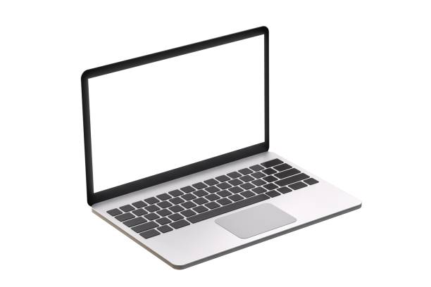 istock Hovering aluminium laptop with blank screen and new design, isolated background 1571653221