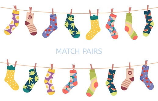 Find matched socks, match sock pair children preschool game. Holiday time, winter accessories on rope or clothesline. Decent puzzle vector sheet of children match illustration