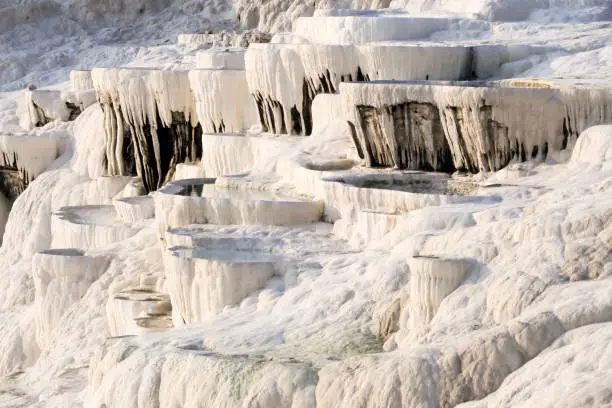 Photo of White travertine limestone rock formations known as the cotton castle, Pamukkale, Denizli, Anatolia, Turkey, Asia Minor, Asia