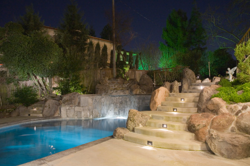 Landscape around the pool at night. January.