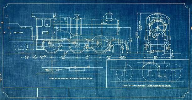 A blueprint of a vintage train, outlined in white vector art illustration