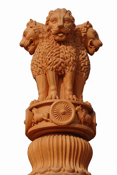 Triple-lion icon of the great emperor Asoka's famous pillar (also called the Lion capital of Asoka) has been adopted as modern India's state symbol. Asoka, the Great, mounted the throne in 273 B.C. He ruled the entire India except the extreme South. His edicts carved upon rocks and pillars are found all over India.