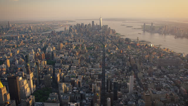 Aerial View of Lower Manhattan Architecture. Panoramic Footage of Wall Street Financial Business District from a Helicopter. Scenery of Historic Office Buildings and Skyscrapers in New York City