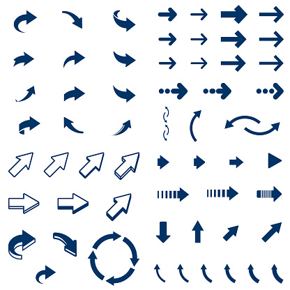 Vector Drawings Of Various Circular, Curved And Three-Dimensional Arrows Pointing In One Direction.