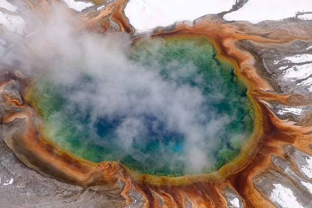 Aerial: Grand Prismatic Spring, Yellowstone  midway geyser basin photos stock pictures, royalty-free photos & images