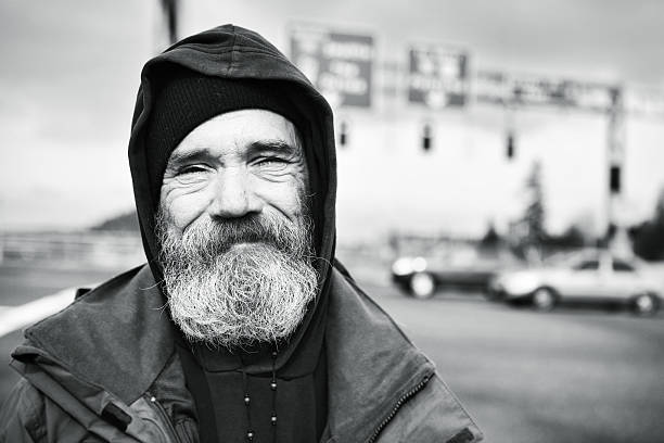 Portrait of a Homeless Bearded Man stock photo
