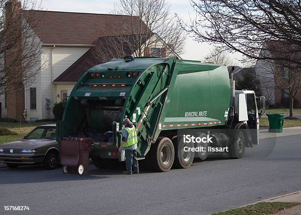 Garbage Truck With Worker Stock Photo - Download Image Now - Garbage, Blue-collar Worker, Car
