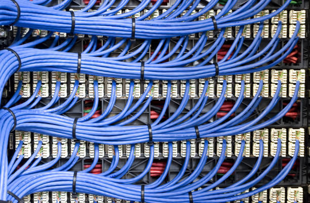 Blue Network Cables Blue network cables neatly channelled into their specified ports. computer connector stock pictures, royalty-free photos & images