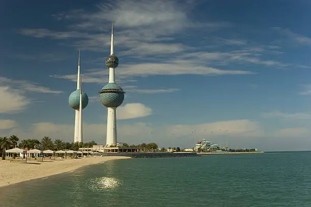 Kuwait Towers, A Kuwaiti national landmark. The highest tower has a viewing sphere for observation and a restaurant. The other tower serves as a water tower. Now it is fully restored again after the destruction by Iraqi invaders several years ago.