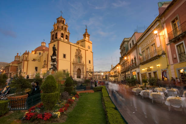 Plaza de la Paz and the Basilica de Nuestra Senora de Guanajuato at dusk. Guanajuato, Mexico. Multiple exposures shot with 1D Mark II on tripod. Processed RAW.