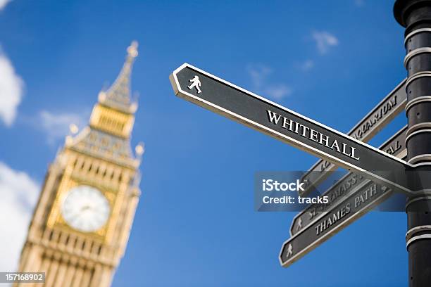 London Sign Directing Towards Whitehall With Big Ben In Background Stock Photo - Download Image Now