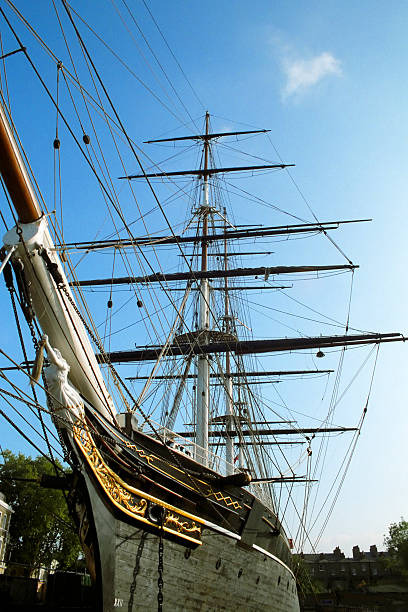 Beautiful clipper ship with sails rolled up A world-famous 19th century tea clipper ship greenwich london stock pictures, royalty-free photos & images