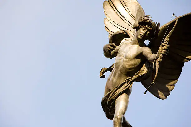 The statue of Eros that dominates the centre of Londons's Piccadilly Circus.