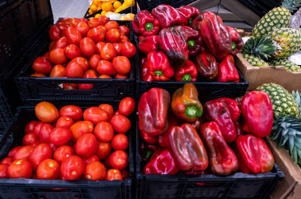 Three big jucy bell peppers and fresh tomatoes on dark wooden background