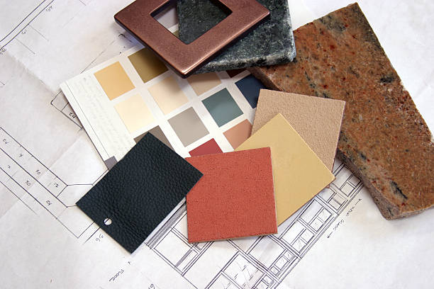 Construction - Color Samples 3 Color samples of stone, granite,tile, stucco,paint, leather atop bllueprints. blueprint fabric swatch tile color swatch stock pictures, royalty-free photos & images