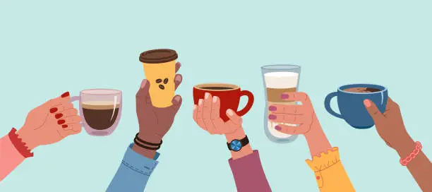 Vector illustration of Set of diverse hands holding a cups of coffee, espresso or cappuccino. Morning hot drink. Coffee break.