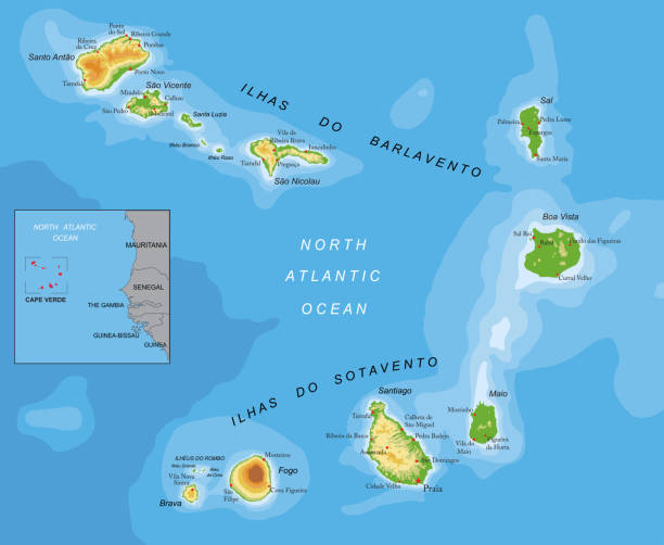 Cape Verde highly detailed physical map Highly detailed physical map of Cape Verde in vector format,with all the relief forms,regions and big cities. cape verde stock illustrations