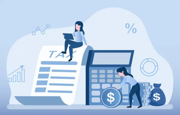 Vector illustration of Business people are calculating annual income tax.