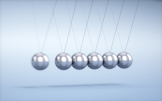 3d Render Perpetual Motion Machine, Newton spheres on white vignette background, close-up