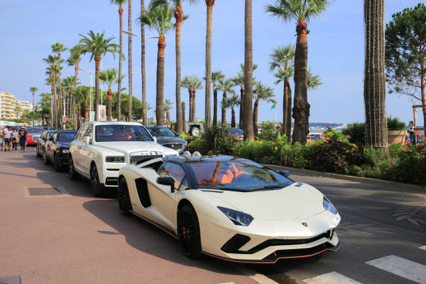 Cannes, France - 22 July, 2019: White Lamborghini Aventador S on the street