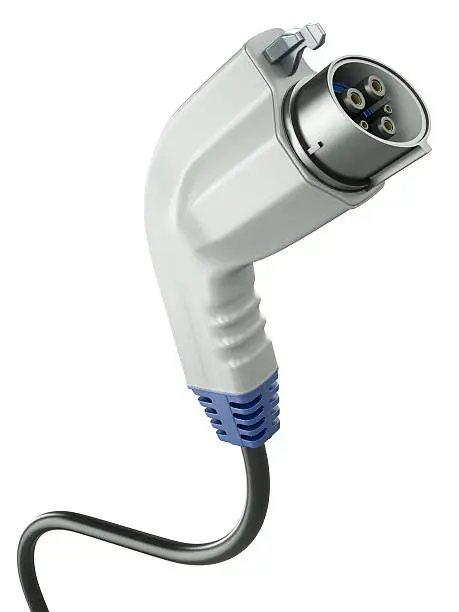 Closeup of electric car charging plug isolated on a white background. 3D rendered illustration