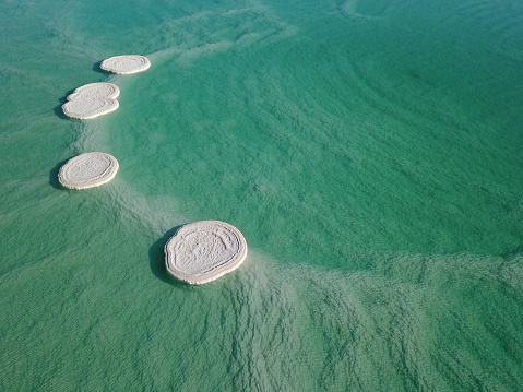 Salt mushroom islands inside the dead sea from a drone view