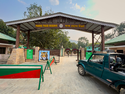 panna national park, madhya pradesh, india - 24 December 2022 : main entrance or entry gate for safari vehicles and tourists at madla gate of panna national park or tiger reserve madhya pradesh india