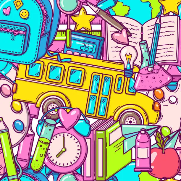 Vector illustration of Bright seamless pattern with school supplies and creative elements in doodle style. Back to school background