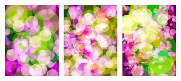 Vector illustration of Pack of 3 abstract bokeh effect backgrounds with a spring or summer garden color scheme.