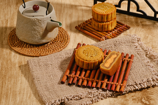 Moon Cake Mid Autumn Festival with teapot on wooden background ,chinese style photograp