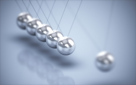 3d Render Perpetual Motion Machine, NNewton spheres, Depth of Field, close-up