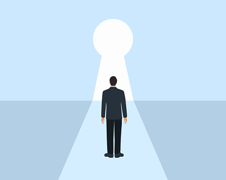 Businessman Standing In Front Of Keyhole. Choice And Opportunity Concept